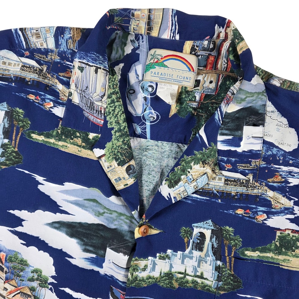 Paradise Found Men's Blue Rayon Scenic Island Aloha Hawaii Shirt Size 2XL